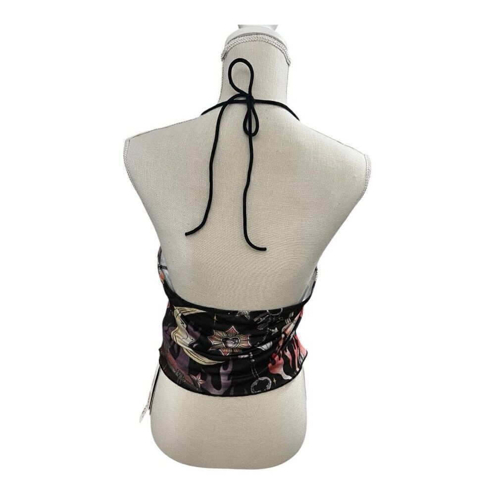 Romwe Black Multicolor Moon Floral Print Halter Top Size L Lace Up Open Back - Picture 3 of 10